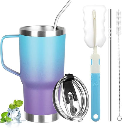 20 oz Tumbler with Handle, Stainless Steel Insulated Tumbler with Lid and Straw, Double Wall Vacuum Coffee Mug Tumbler, Insulated Coffee Thermal Cup for Cold and Hot (Blue Purple, 20 Ounces)