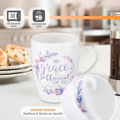 Christian Art Gifts Encouraging Ceramic Coffee & Tea Scripture Mug for Women: My Grace Is Sufficient Inspirational Bible Verse, Microwave/Dishwasher Safe, Cute Drinkware, White & Purple Floral, 12 oz.
