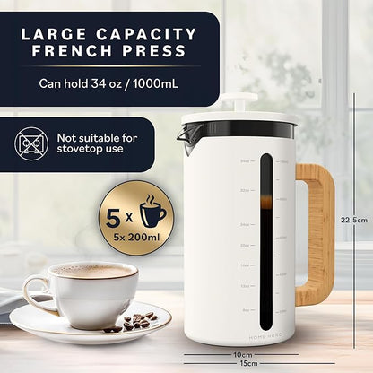 Home Hero French Press Coffee Maker - 34 oz Coffee Press with Bamboo Wood Handle, Heat Resistant Thick Borosilicate Glass French Presses, 4 Layer Filter, French Press Stainless Steel (Light Cream)