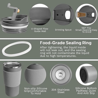 YINBAOGE Insulated Travel Coffee Mug Spill Proof Leak Proof Pobtable To Go Camping Stainless Steel Coffee Tumbler Reusable Coffee Cups with Lids Thermos for Hot and Cold Drink (4th-Gray, 15OZ)