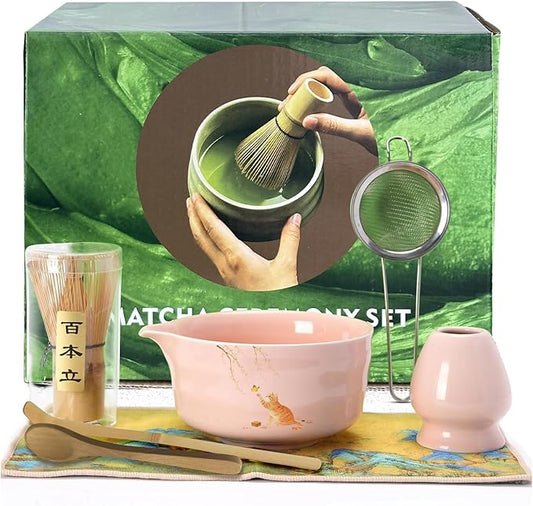 Matcha Whisk Set, 7PCS Matcha Set Includes Ceramic Matcha Set Includes Matcha Bowl, Matcha Whisk and Holder, Bamboo Scoop, Scoop Rest, Sifter and Tea Towel, Gift Bag (Pink)
