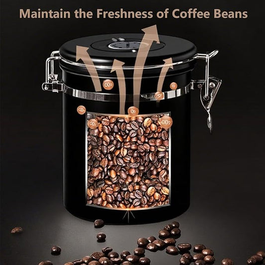 Coffee Canister with Window, 22OZ Airtight 304 Stainless Steel Food Storage Container, Home Kitchen Sugar Organizers Jar with Scoop for Beans, Rice,Tea, Flour, Cereal, Black