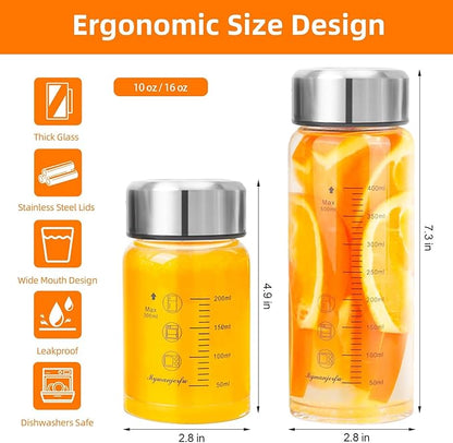 Glass Juice Bottles 4 Pack 10 oz - Wide Mouth Glass Water Bottles with Lids - for Juicing, Smoothies, Milk, Protein, BPA Free, Reusable, Stainless Steel Lids, Leak Proof, Shaker bottle (10oz/300ml)