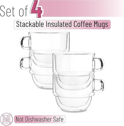 BTaT- Stackable Insulated Coffee Mugs, 4 Pack 16 oz(500 ml), Ideal for Hot and Cold Drinks, Stackable Cappuccino Cups, Double Wall Glass Coffee Cups, Tea Cups, Latte Cups, Beer Glasses, Latte Mug