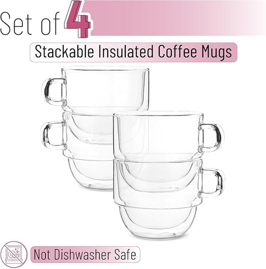BTaT- Stackable Insulated Coffee Mugs, 4 Pack 16 oz(500 ml), Ideal for Hot and Cold Drinks, Stackable Cappuccino Cups, Double Wall Glass Coffee Cups, Tea Cups, Latte Cups, Beer Glasses, Latte Mug