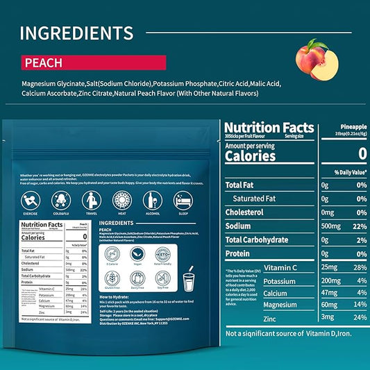 Electrolytes Powder Packets, 30 Sticks Hydration Packets Sugar Free, Electrolyte Drink Mix Portable Electrolyte Packets for Rapid Hydration, 0 Sugar & 0 Calorie, Peach Flavor