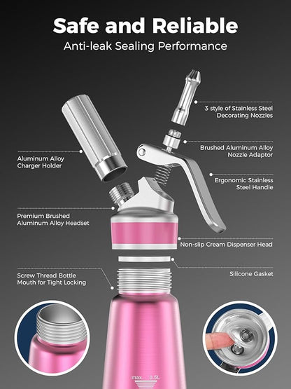 Whipped Cream Dispenser,Aluminum Cream Whipper 500mL/1 Pint,3 Decorating Nozzles,1 Brush, 1 Storage Bag,Homemade Whipped Cream Maker,Pink