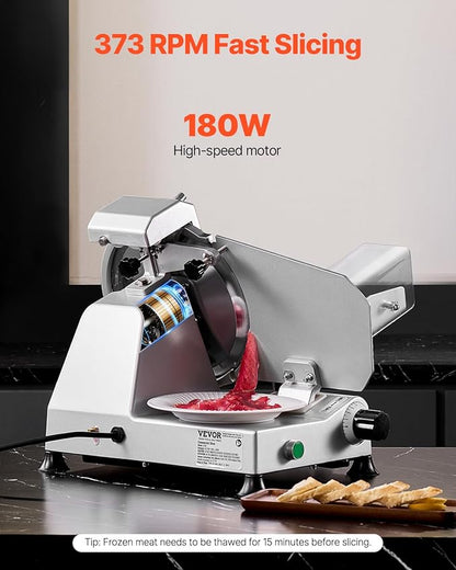 VEVOR Commercial Meat Slicer, 10 inch Electric Deli Food Slicer, 180W Meat Cutter with a Premium 65Mn Blade, 0-0.4 inch Adjustable Thickness, Food Slicer Machine for Meat Vegetables Hard Bread Cheese