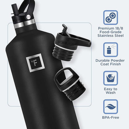 IRON °FLASK Camping & Hiking Hydration Canteens - 3 Lids (Narrow Straw Lid) Leak Proof Vacuum Insulated Stainless Steel - Hot & Cold Double Walled Sports Water Bottle - Fire, 64 Oz