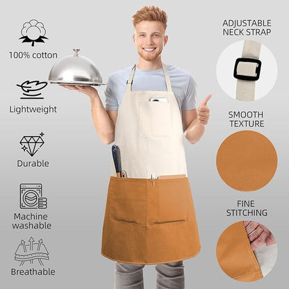 Chef Apron Unisex Two-Tone Professional Kitchen Bib Apron with 2 Pockets Cooking, Grilling, and Baking Gift
