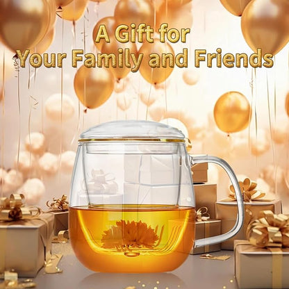 Large Glass Tea Cup, 25.6 oz Borosilicate Glass Tea Mug with Infuser and Lid, Clear Tea Cups for Brewing Scented Tea and Tea Bag