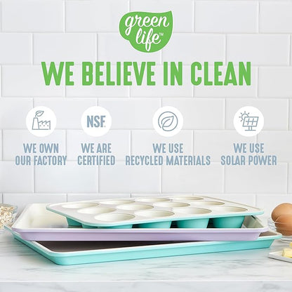 GreenLife 12-Cup Muffin Pan, Healthy Ceramic Nonstick Bakeware, PFOA & PFAS-Free Cupcake Tray, Durable Baking Pan, Versatile Kitchen Essential, Easy Clean Muffin Mold, Nonstick Baking Sheet, Blue Haze