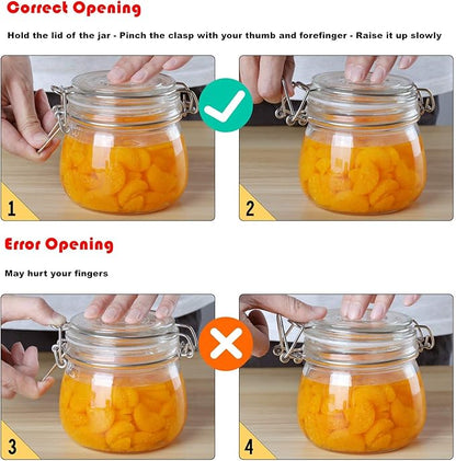 ComSaf Airtight Glass Canister Set of 6 with Lids 17oz Food Storage Jar Round - Storage Container with Clear Preserving Seal Wire Clip Fastening for Kitchen Canning Cereal,Pasta,Sugar,Beans,Spice