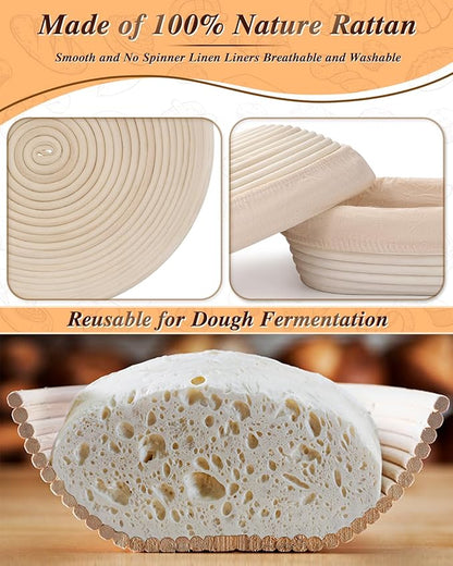 Banneton Basket Set of 2, 10" Oval & 9.7" Round Banneton Bread Proofing Basket with Liners, Bread Lame, Silicone Baking Mat, Danish Whisk, Brush, Proofing Bowls Sourdough Starter Kit Tools