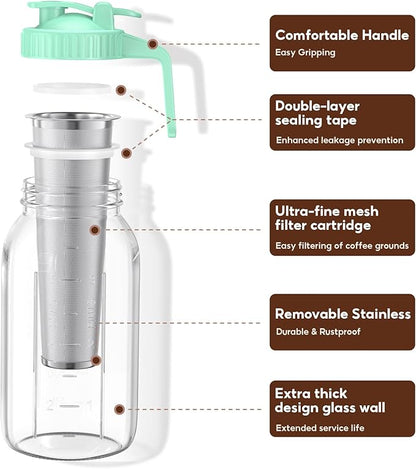 Cold Brew Coffee Maker Jar - 2 Pack 64 oz Glass Cold Brew Maker with Handle, Stainless Steel Filter & Leak-Proof Lid, Heavy Duty Cold Brew Pitcher for Iced Coffee, Sun Tea, and Milk