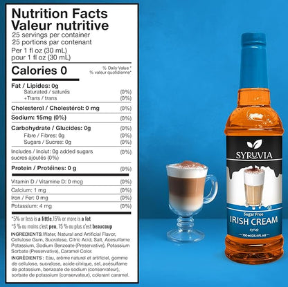 Syruvia Sugar Free Coffee Syrup, Irish Cream Flavored Syrup for Drinks, Lattes, and Desserts – 25.4 fl oz