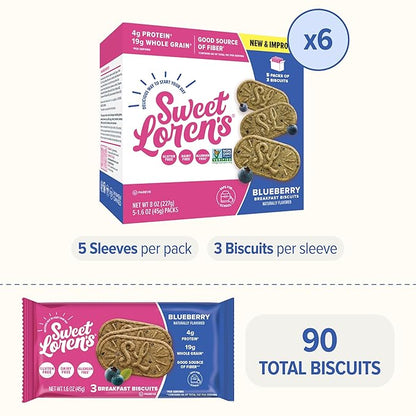 Sweet Loren's Vegan Breakfast Biscuits | Blueberry | 4g Protein, 19g Whole Grains | Plant Based, Gluten Free, Dairy Free, Nut Free Snacks | 6 Pack (30 Total Biscuits, 1.6 ounce each)
