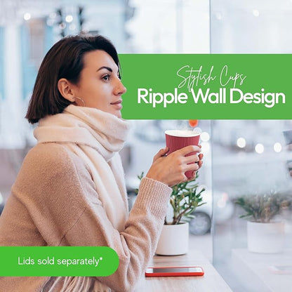 Restaurantware 12 Ounce Ripple Wall Disposable Coffee Cups, 500 Insulated Crimson Paper Tumblers with Rolled Rim Design, Lids Sold Separately for Hot Drinks like Tea, Hot Chocolate and More