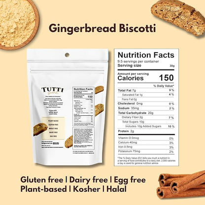 Tutti Gourmet Gluten Free Gingerbread Biscotti, 9.9 oz (283g) Resealable Cookie Bag - Vegan and Halal Snacks
