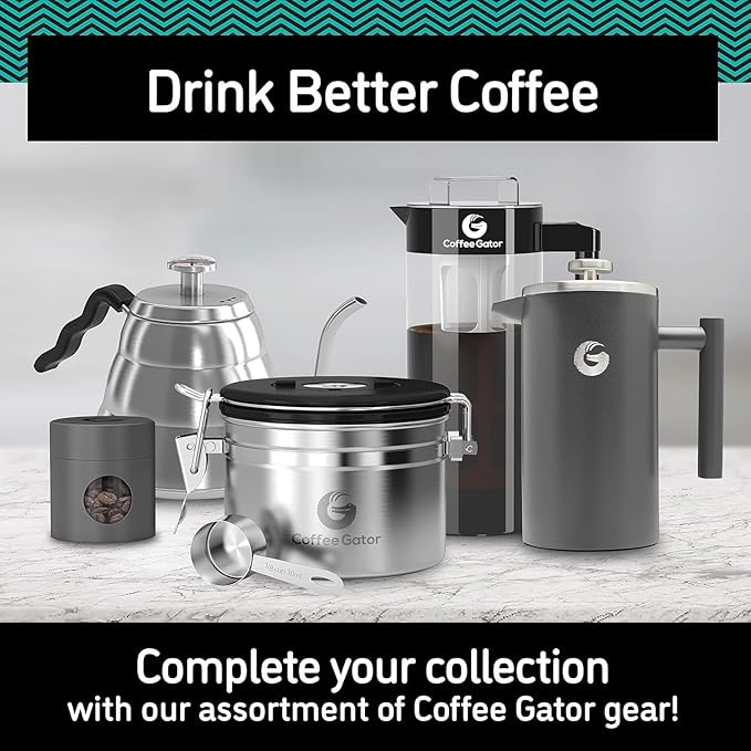 Coffee Gator French Press Coffee Maker - 34oz Double Insulated Stainless Steel Brewer plus Travel Jar Canister, Portable Hot Cold Brew Teapot Cafetera for Coffee Bar Accessories Kitchen Camping, Gray
