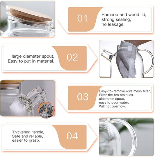 60.8oz Glass Teapot, Stovetop & Microwave Safe Glass Borosilicate Tea Pot,Clear Teapot with Strainer, Glass Tea Kettle with Wooden Lid, Loose Leaf、Fruit Tea and Fragrant Tea