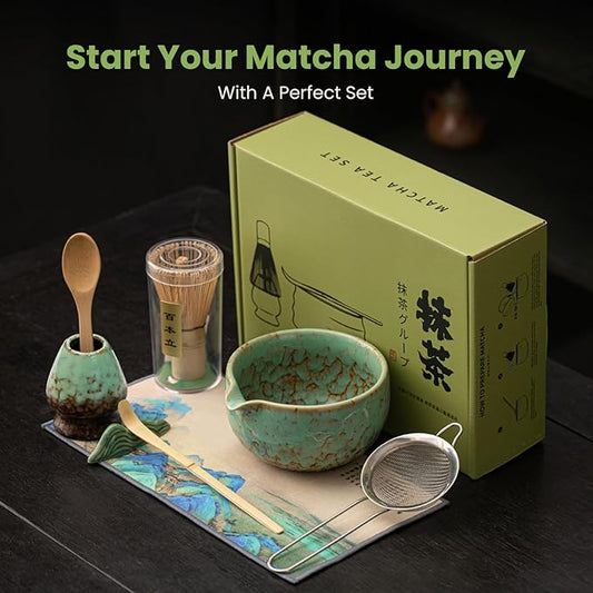 Matcha Whisk Set, Ceramic Matcha Set Includes Matcha Bowl, Whisk & Holder, Scoop, Sifter, Spoon, Scoop Rest, Tea Mat, Hand Book - 9 Pcs Kit for Matcha Lovers (Green)
