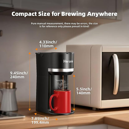 Mini Single Serve Coffee Maker for K Cup and Ground Coffee, Fast Brew One Cup Coffee Machine with Descaling Reminder and Water Window, 6 to 12 oz. Brew Sizes, Black