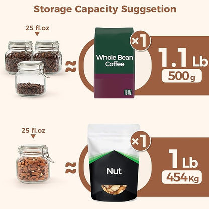 ComSaf 25oz Airtight Glass Canisters with Lids Set of 6, Square Food Storage Jar Container with Clamp Lids for Kitchen Canning Cereal Coffee Pasta Sugar Beans Spice, Clear Mason Jars with 12 Labels