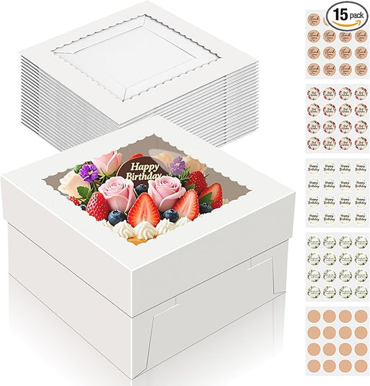 15 PCS Cake Boxes 10 Inch, 10x10x5 Inch Cake Box, 10 Inch Cake Box with Window, White Bakery Boxes, Large Baking Boxes, Cajas Para Pasteles, 10x10 Cake Boxes for Birthday, Wedding, Party, Business