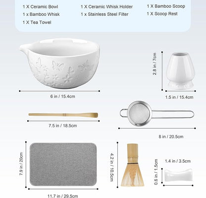 7 PCS Matcha Set Ceramic Matcha Making Kit, Bamboo Whisk, Bowl With Spout, Powder Starter Sifter, Ceramic Whisk Holder, Tea Towel, Scoop and Scoop Rest Matcha Whisk Set for Matcha Lover White