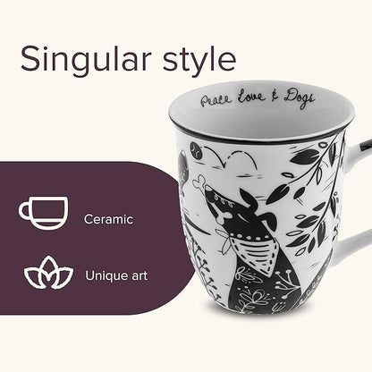 Karma Gifts 16 oz Black and White Boho Mug Dog - Cute Coffee and Tea Mug - Ceramic Coffee Mugs for Women and Men
