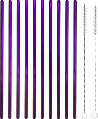 10 Pcs Stainless Steel Straws, Reusable Drinking Straws, Straight Metal Straw Sets with 2 Pcs Cleaning Brushes (8.5 Inch, Purple)