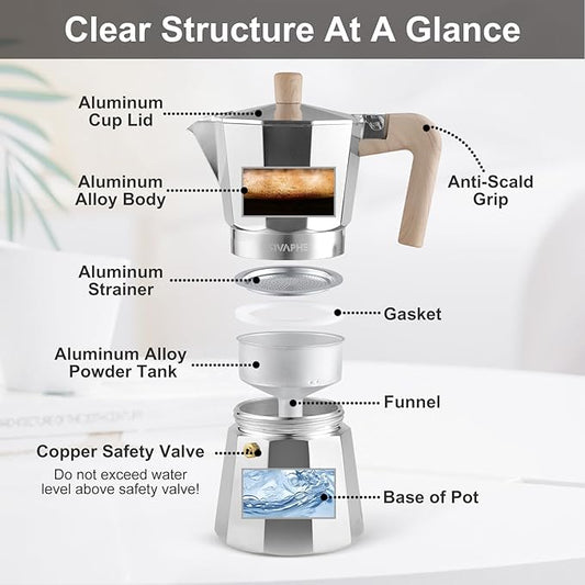 Sivaphe Aluminum Moka Pot 6 Espresso Cups, Percolator Espresso and Coffee Maker, Portable Stovetop Italian and Cuban Café Brewer for Home and Camping Sliver