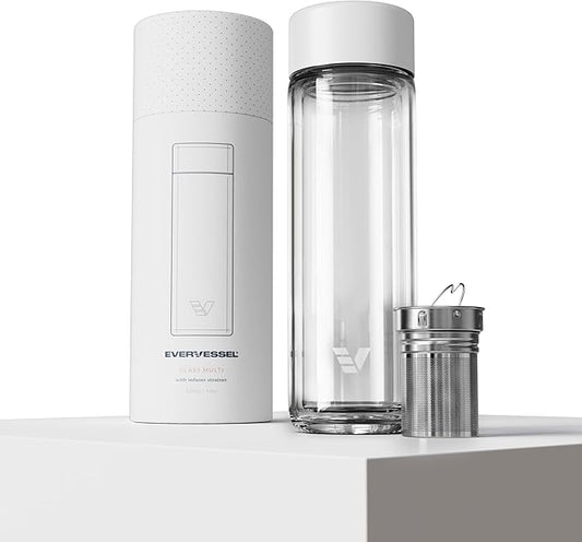 Glass Multi Tea Infuser Bottle 14oz - Double Wall Borosilicate Glass Flask | No Plastic Touches Contents | Perfect for Office or Home - White