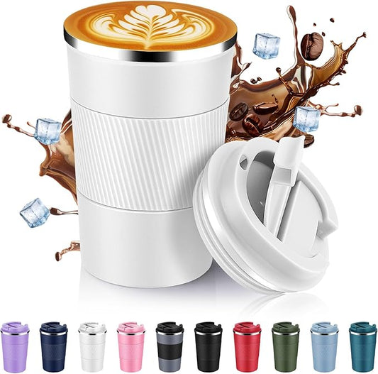Volhoply 13 oz Stainless Steel Insulated Travel Coffee Mug with Fip Lid,Reusable Double Wall Vacuum Metal Coffee Cup,Portable to Go Leak Proof Cafe Thermal Tumbler for Hot & Cold Drinks(White,1)