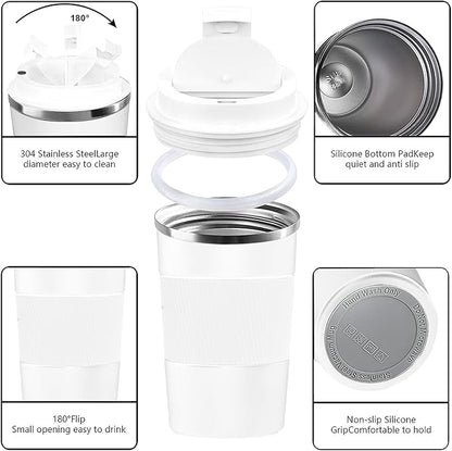 YINBAOGE Insulated Travel Coffee Mug Spill Proof Leak Proof Pobtable To Go Camping Stainless Steel Coffee Tumbler Reusable Coffee Cups with Lids Thermos for Hot and Cold Drink (White, 12 OZ)