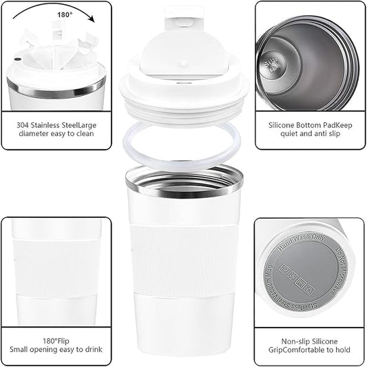 YINBAOGE Insulated Travel Coffee Mug Spill Proof Leak Proof Pobtable To Go Camping Stainless Steel Coffee Tumbler Reusable Coffee Cups with Lids Thermos for Hot and Cold Drink (White, 12 OZ)