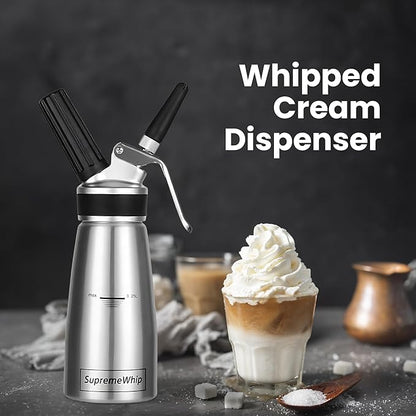 PRO Cream Dispenser, Durable High-Grip, Metal Lid with Rubber, 3 Nozzles, for Hot/Cold Use, Cleaning Brush Included, Silver - 250 ml/1 Pint