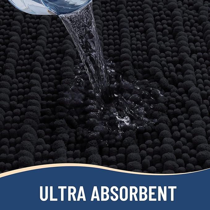 Arotive Luxury Chenille Bathroom Rug Mat, Extra Soft Thick Absorbent Shaggy Bath Rugs, Non-Slip Machine Wash Dry, Plush Bath Mats for Bathroom, Shower and Tub, 30x17, Black
