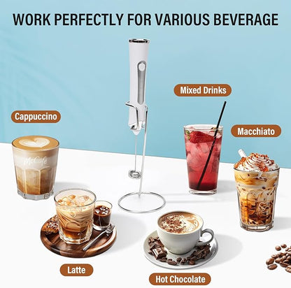 Rechargeable Milk Frother with Stand - 3 Speed Adjustable Electric Whisk, 3 Detachable Stainless Steel Heads for Latte, Cappuccino, Matcha, Egg (White)