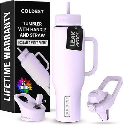 Coldest 40 oz Tumbler with Handle and Straw - 100% Leak Proof Insulated Tumbler with Lid and Straw (3 Lids) - Stainless Steel Tumblers for Women & Men - Cup Holder Friendly Base, 46 oz (Lilac Blue)
