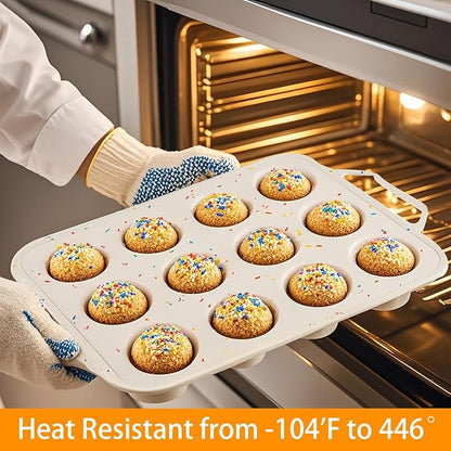 SOV Silicone Muffin Pan for Baking with Metal Reinforced Frame, Non-Stick 12 Cups Muffin Pan for Muffin Cakes, Tart, Bread,Cupcake Baking Pan Molds, Oven & Dishwasher Safe, 2 packs (white-D)