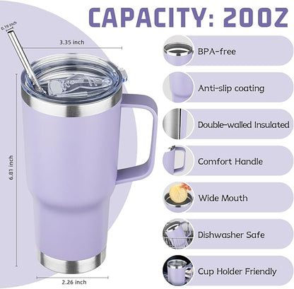 20 oz Tumbler with Handle Stainless Steel Insulated Coffee Mug Tumbler with Lid and Straw Double Wall Vacuum Insulated Coffee Mug Leak Proof Travel Tumbler for Hot and Cold Drink (Pale Purple,4pack)