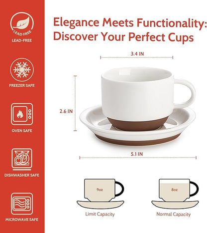 Sweese 8 Ounce Cappuccino Cups Set of 4, Porcelain Stackable Coffee Cups with Saucers and Metal Stand, Multicolor