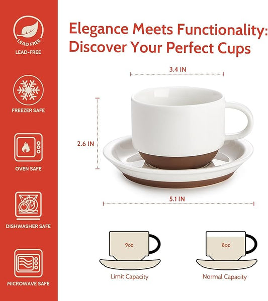Sweese 8 Ounce Cappuccino Cups Set of 4, Porcelain Stackable Coffee Cups with Saucers and Metal Stand, Multicolor