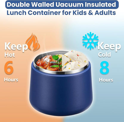 14oz Insulated Vacuum Food Jar with Buckle Lid,Soup Thermo for Hot Food Kids,Wide Mouth Leakproof Stainless Steel Lunch Container with Spoon-Blue