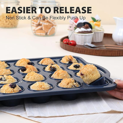 2 Pack Silicone Muffin Pan 12 and 24 Cup with Metal Frame,Non Stick Silicone Mini Cupcake Pan with Handles, BPA Free Silicon Regular Muffin Tin Tray Small for baking, egg bites, Mold Grey