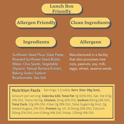 Love + Chew Soft Baked Protein Cookies, Gluten Free | (18) Count Sunflower Banana Bread Minis | Vegan, Paleo, Non GMO and Packed with Superfoods. - Individually Wrapped, and Made from Sunflower Seeds - (1) Ounce Cookies