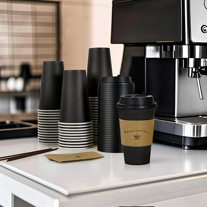 LITOPAK 500 Pack 16 oz Disposable Coffee Cup with Lids, Sleeves, and Stirring Sticks, Black Hot Paper Coffee Cups for Home, Travel, Office, Party