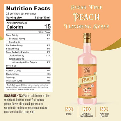 ChocZero Peach Syrup – Sugar Free Flavoring Syrup for Coffee, Tea & Cocktails – Keto Friendly, Low Carb, No Sugar Alcohols, Vegan & Gluten Free – 25.4 Fluid Ounces